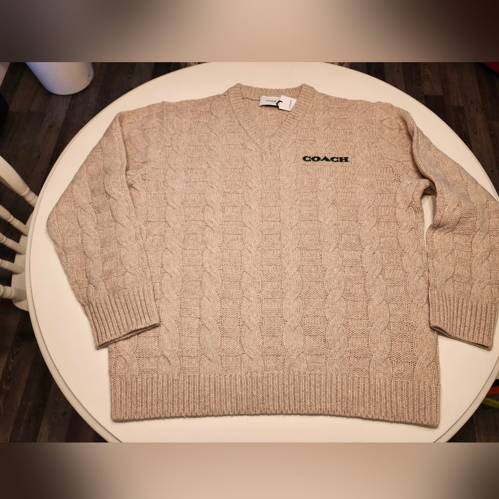 Nwt Coach Cable Knit V Neck Sweater Oatmeal Green Men Size Large New XL Wool